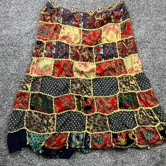 Patchwork Maxi Skirt Womens XL Multicolor Paisley Leopard Print Boho hippie - Picture 2 of 8